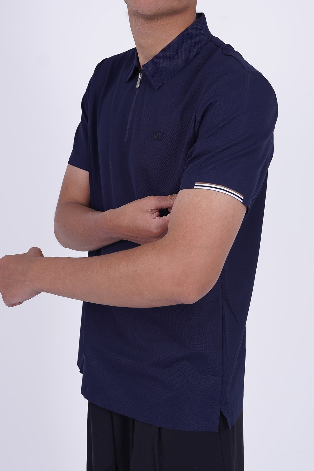 BOSS Men's Quarter-Zip Performance Polo Navy – Signature Series