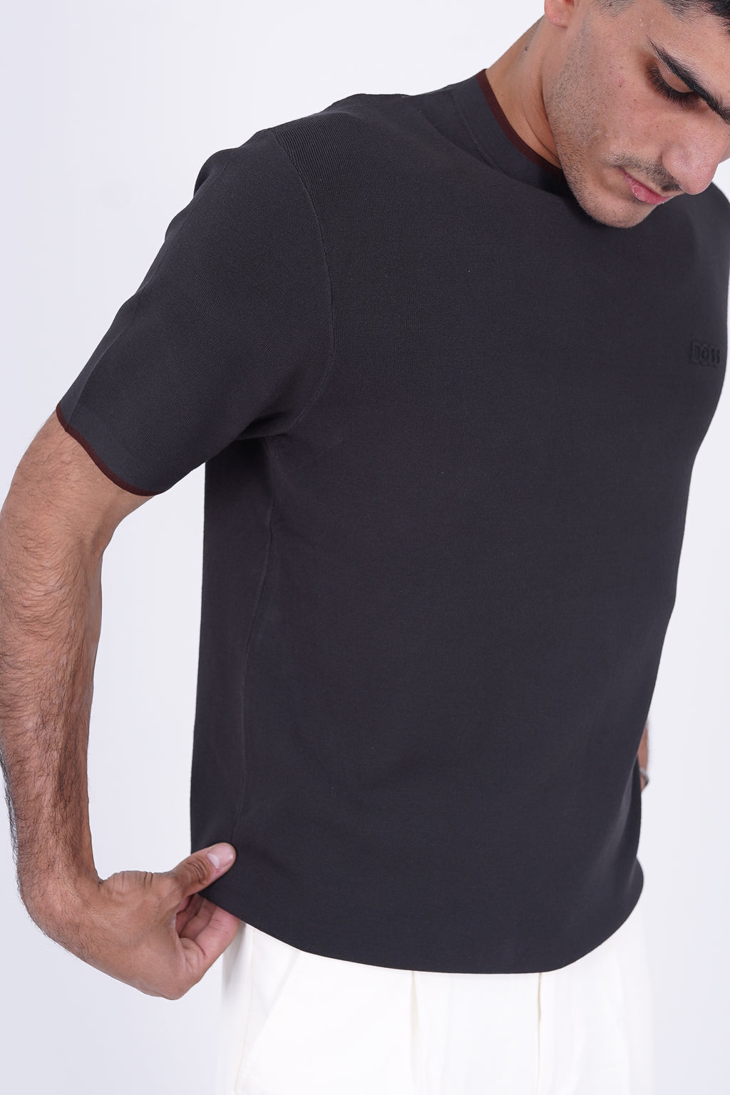 BOSS Knitted Slim-Fit T-Shirt Charcoal Grey