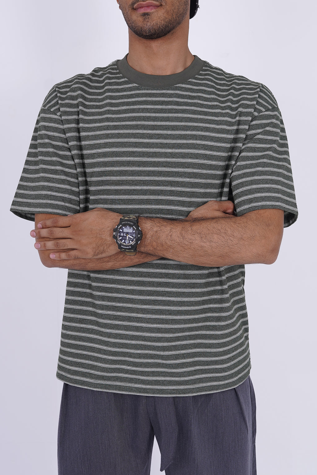 Textured Micro-Stripe Essential T-Shirt Olive