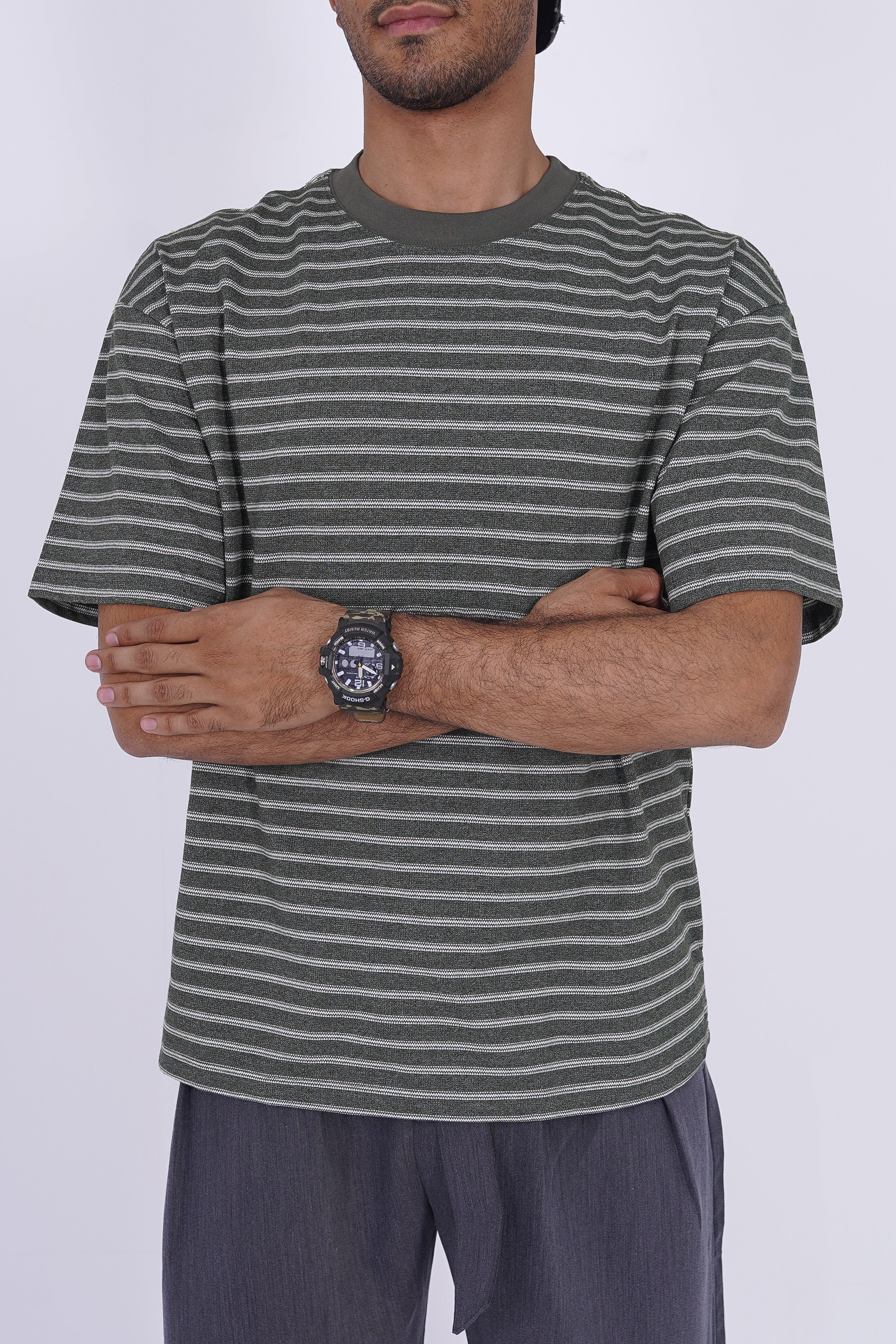 Textured Micro-Stripe Essential T-Shirt Olive