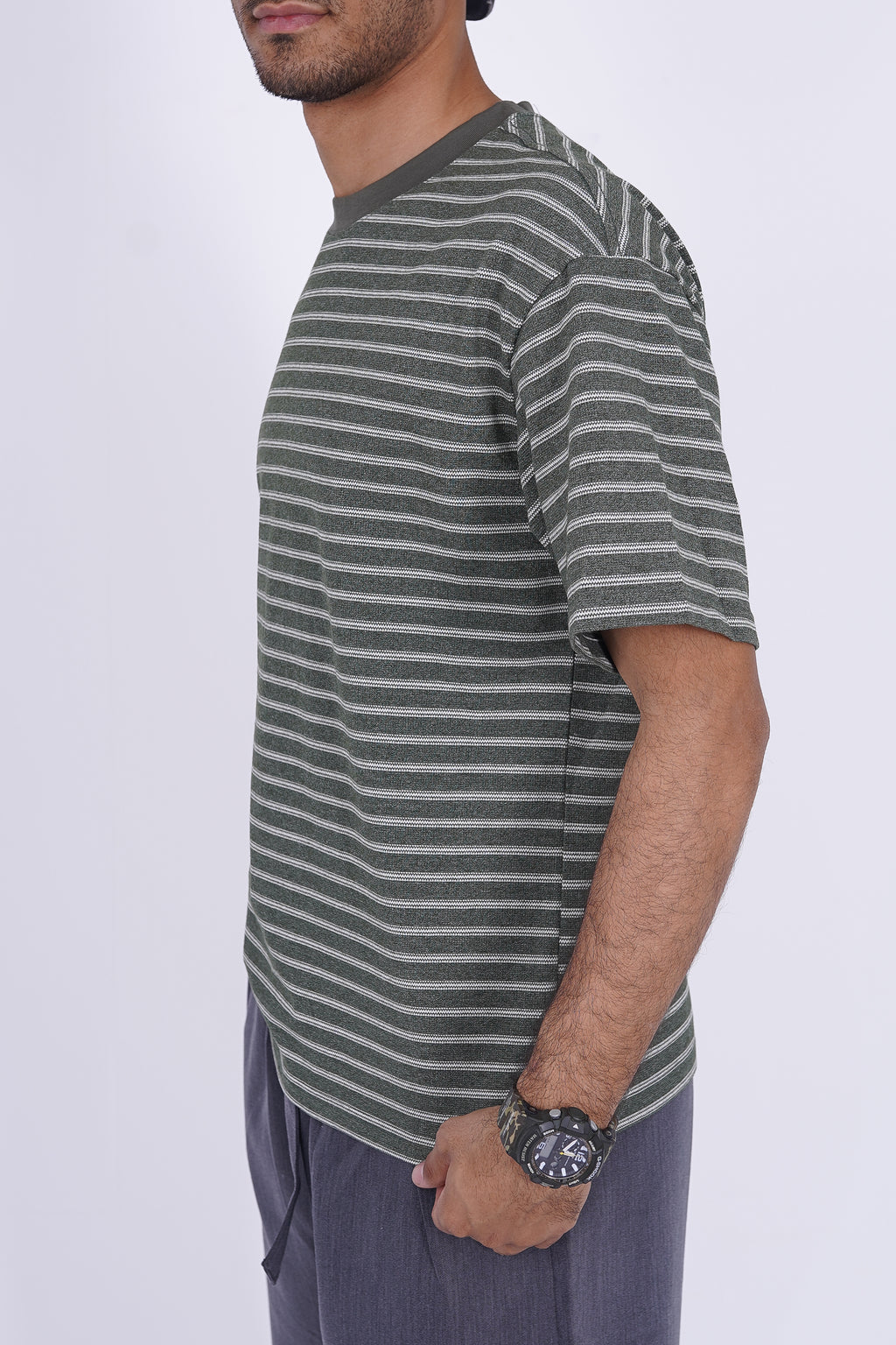 Textured Micro-Stripe Essential T-Shirt Olive