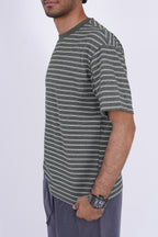 Textured Micro-Stripe Essential T-Shirt Olive