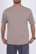 Textured Micro-Stripe Essential T-Shirt Beige