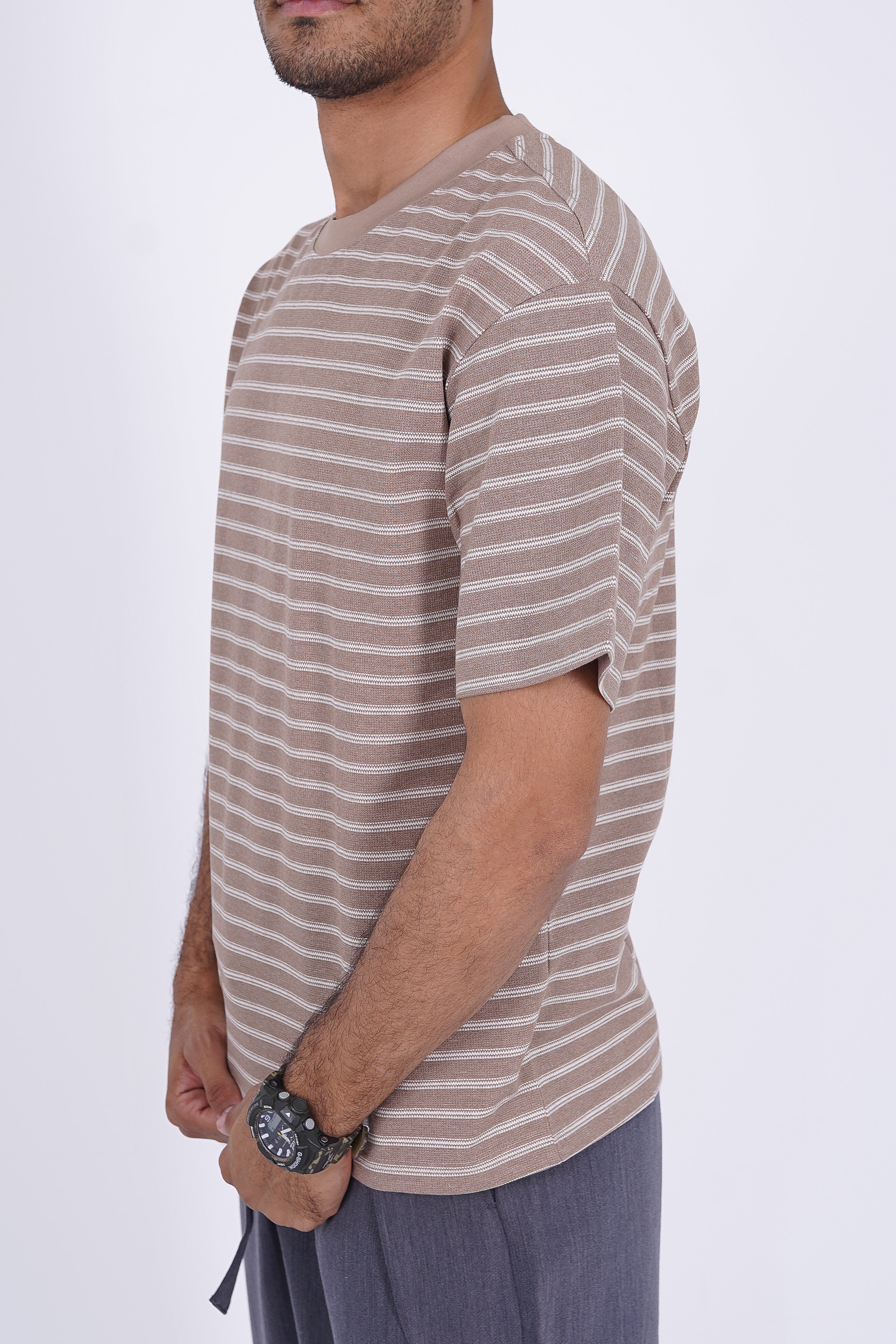 Textured Micro-Stripe Essential T-Shirt Beige