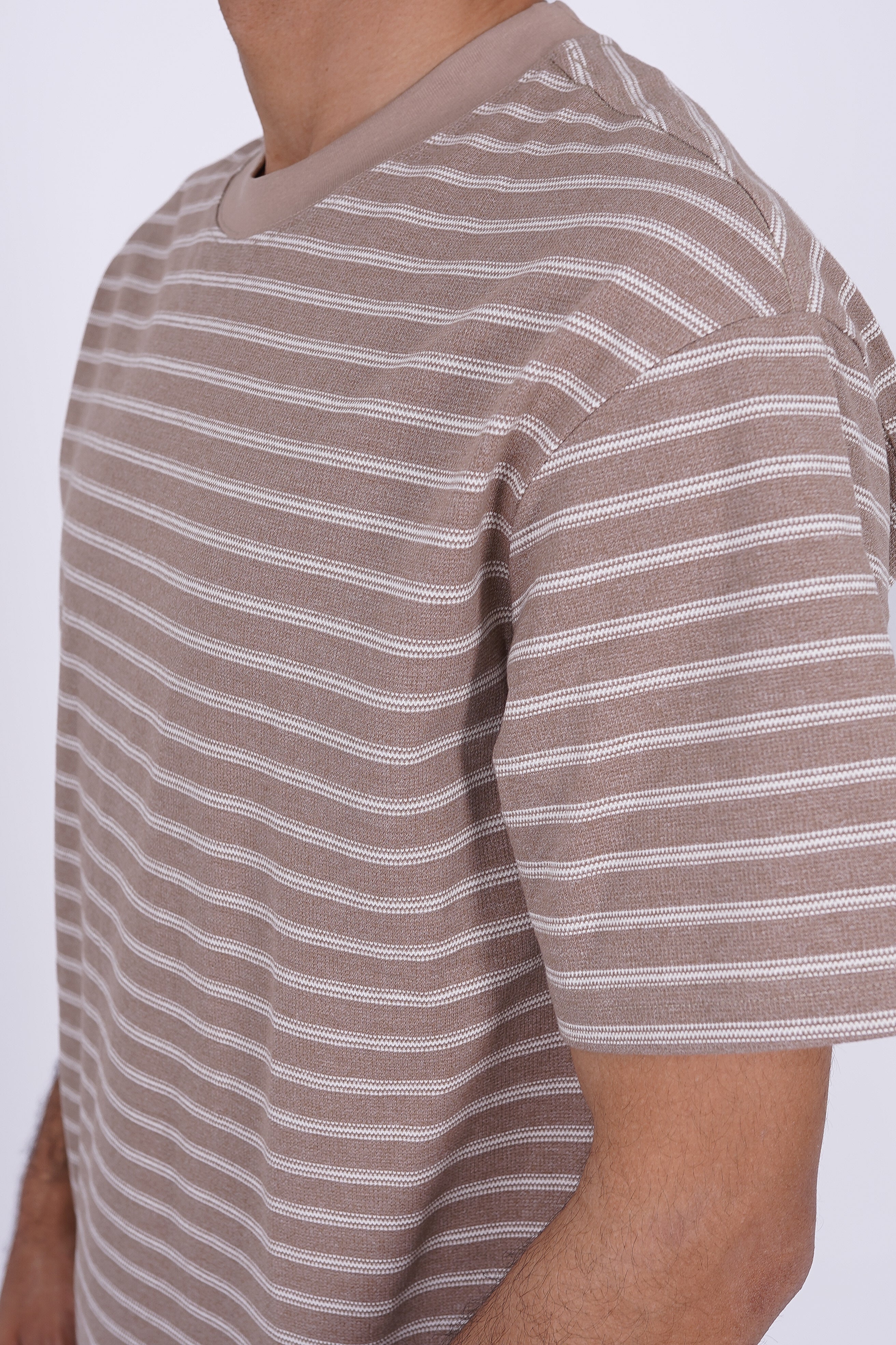 Textured Micro-Stripe Essential T-Shirt Beige