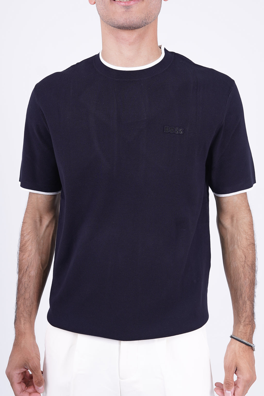 BOSS Knitted Slim-Fit T-Shirt Navy