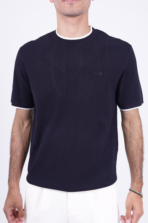 BOSS Knitted Slim-Fit T-Shirt Navy