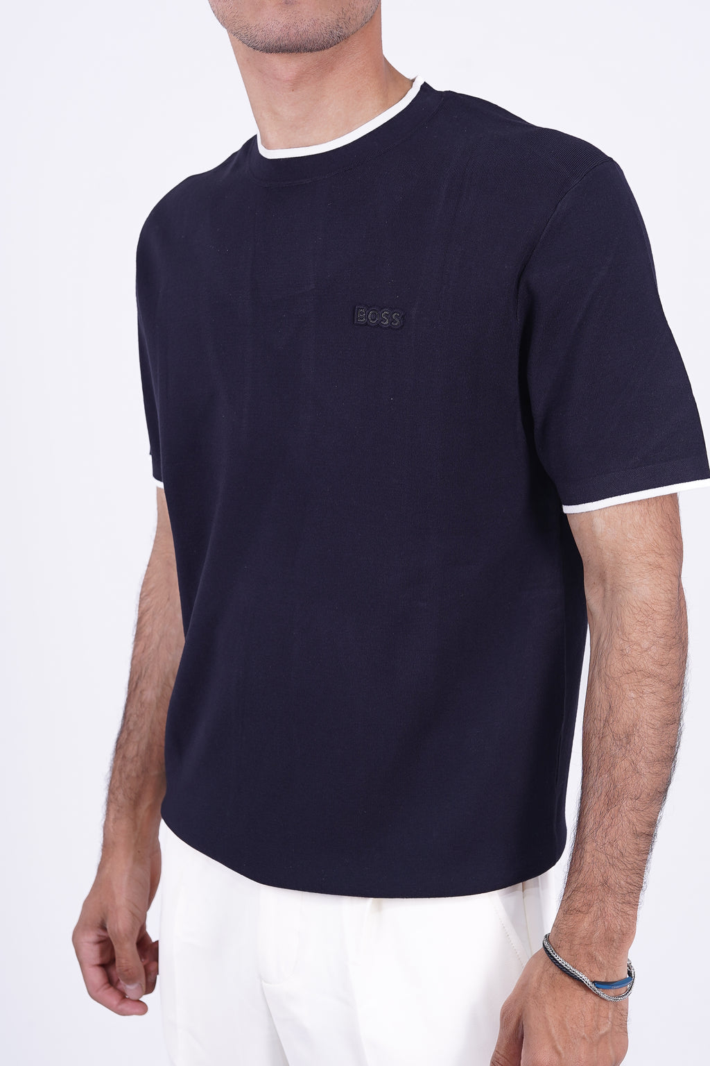 BOSS Knitted Slim-Fit T-Shirt Navy