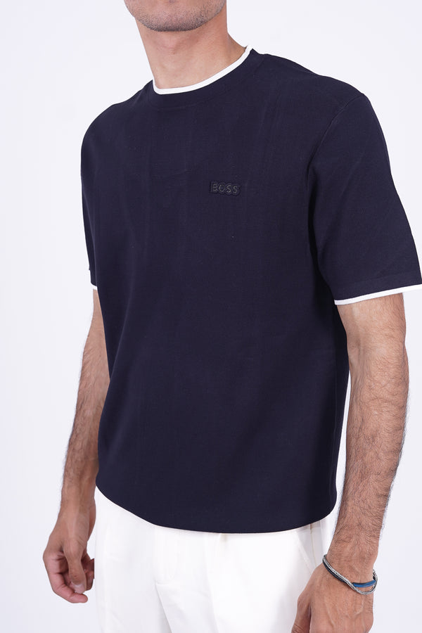 BOSS Knitted Slim-Fit T-Shirt Navy