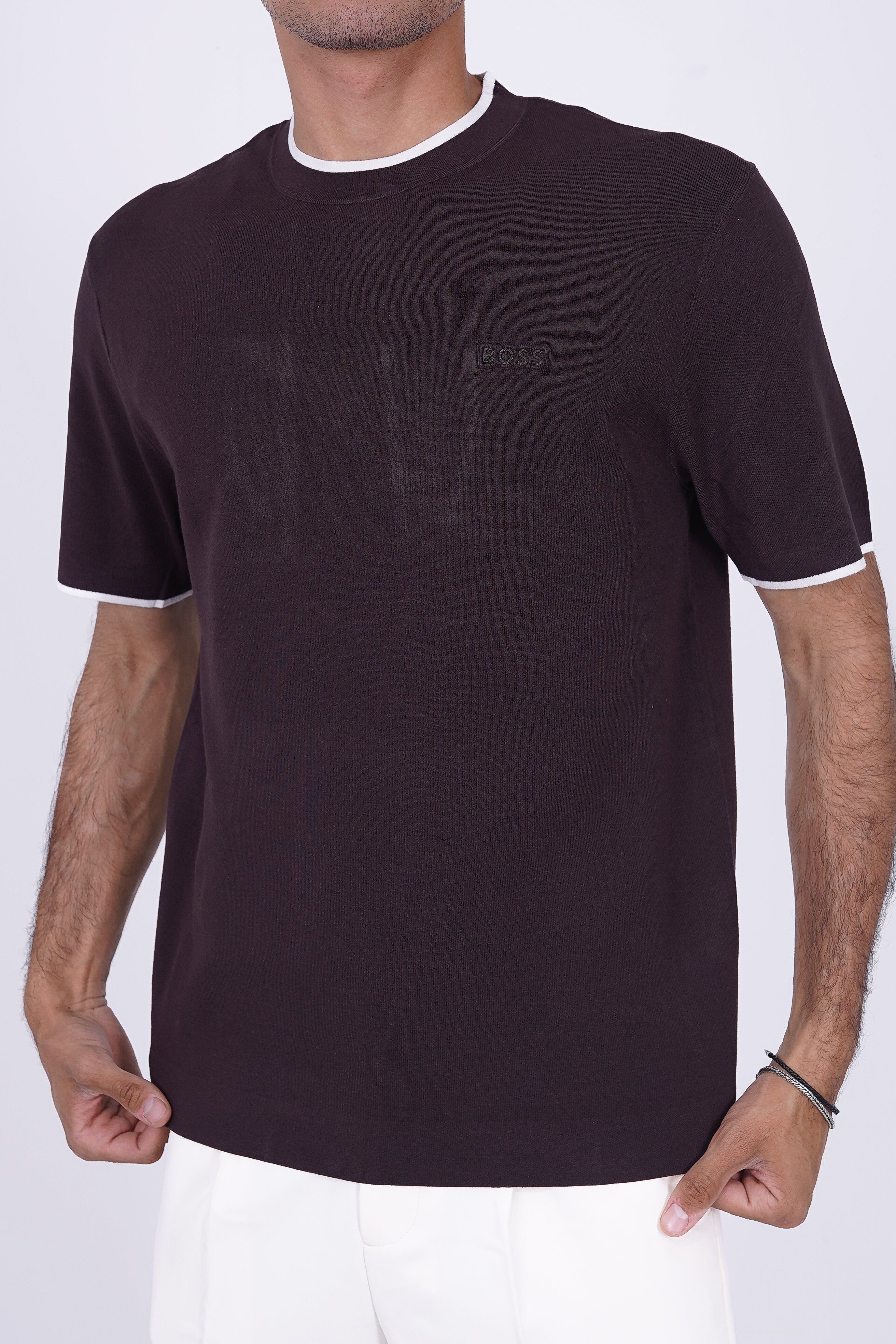 BOSS Knitted Slim-Fit T-Shirt Brown