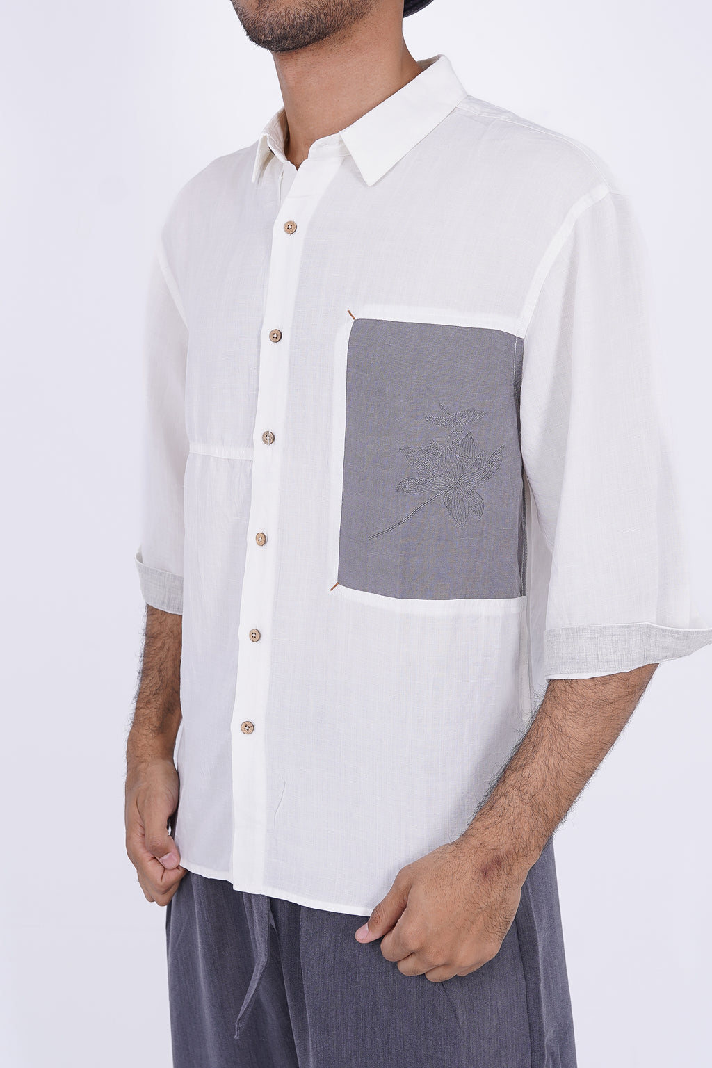 Embroidered Lotus Linen-Blend Shirt