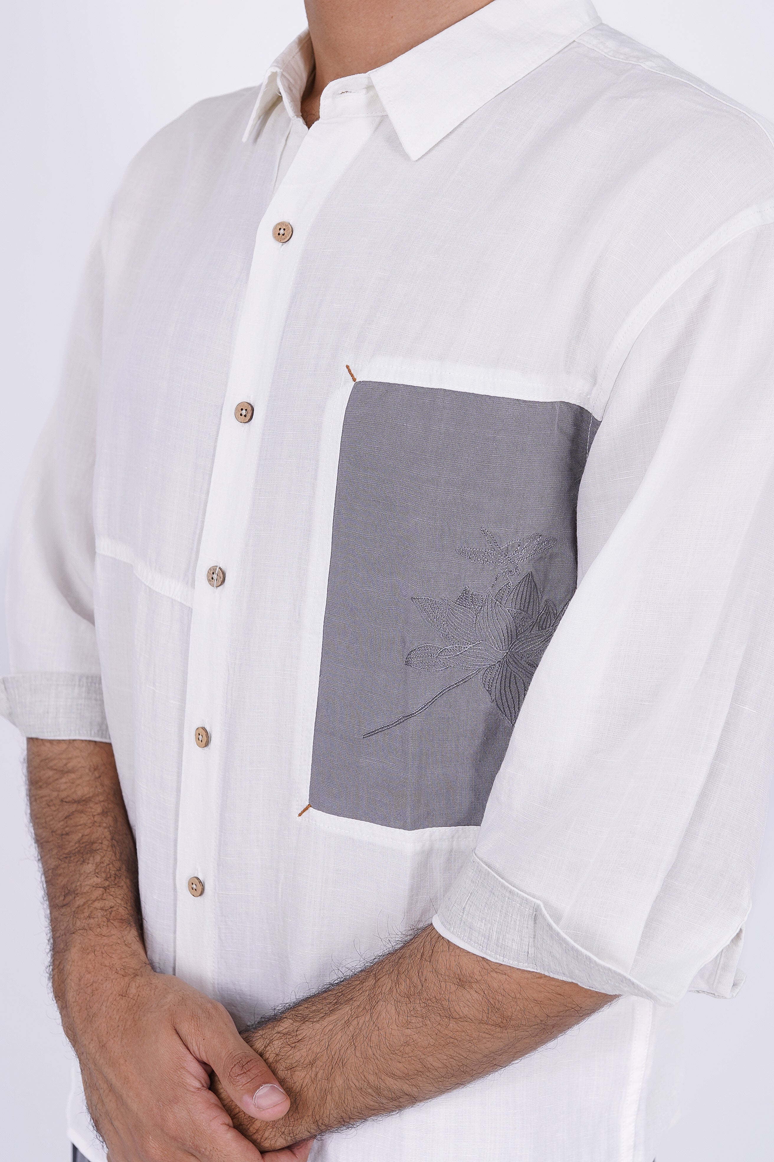 Embroidered Lotus Linen-Blend Shirt