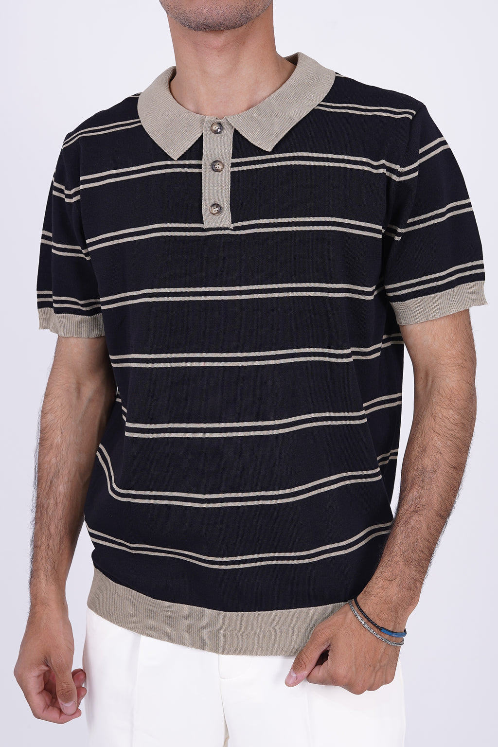 Striped Knitted Polo Black