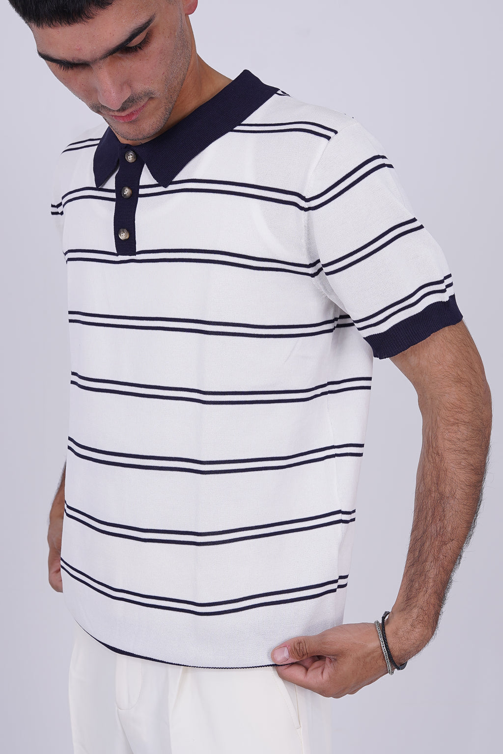 Striped Knitted Polo white
