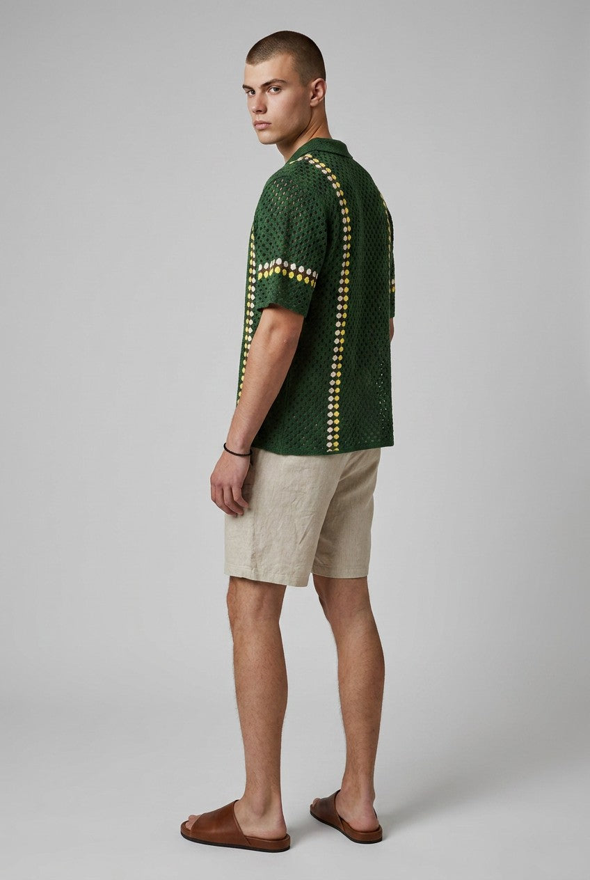 Forest Green Retro Crochet Button-Down
